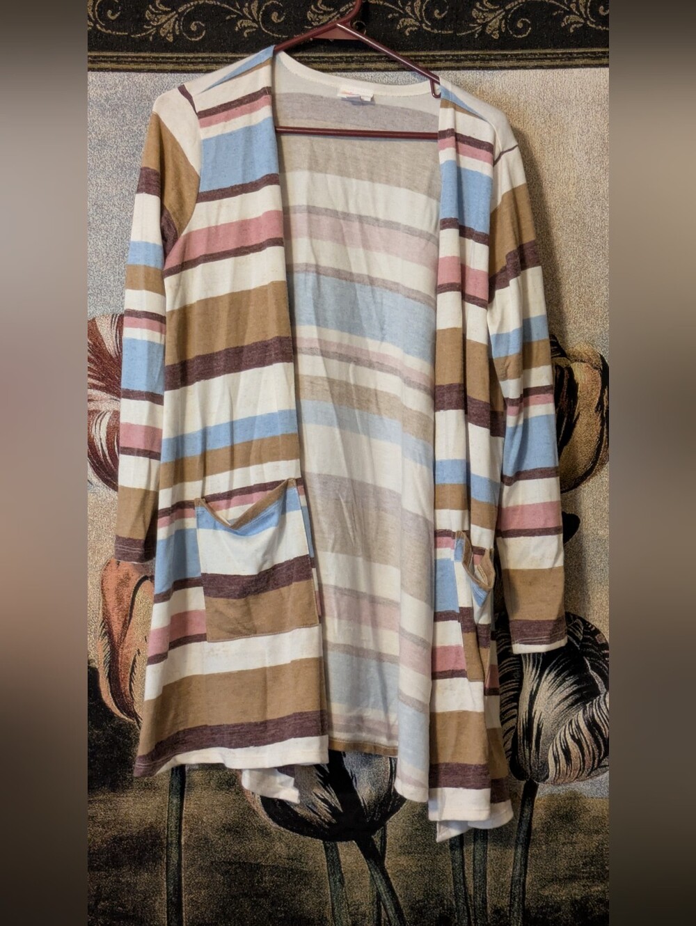 LuLaRoe Striped Open-Front Cardigan in Brown, Blue & Cream